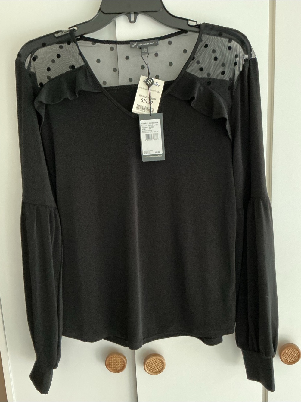 Adrianna Papell Black Polka Dot Mesh Yoke Ruffle Long Sleeve Top